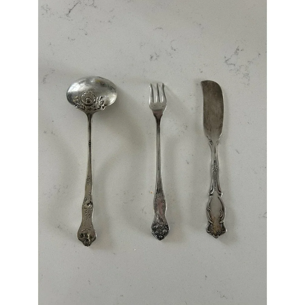 Vintage Floral Etched Silver Plated Soup Ladle‎ Cocktail Fork Butter Knife Set